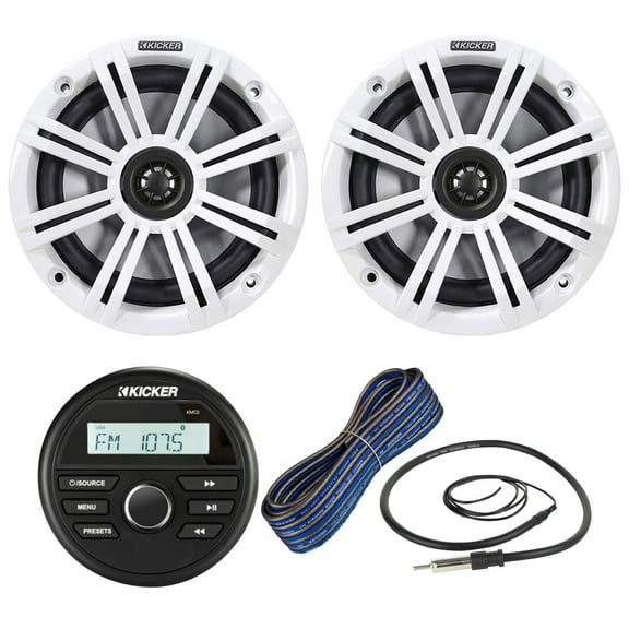 Kicker Weather-Resistant Marine Gauge Style Bluetooth USB Receiver Bundle Combo with 1 Pair (QTY 2) 6.5" 2-Way 195W Max Coaxial Boat Speakers with White Grilles, 50Ft 16-Gauge Wire, 22" Antenna