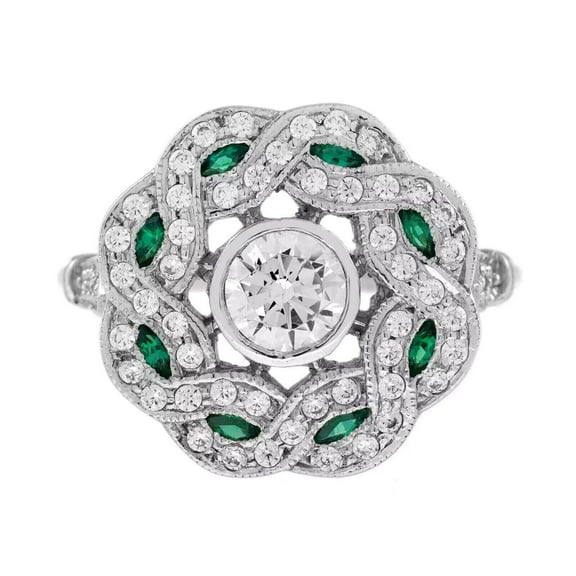 Antique Cluster Diamond Ring, Bezel Set Diamond Engagement Ring, Vintage Art Deco Floral Design Diamond Ring, Swirl Knot Mount Pave Set Ring, 14K White Gold Plated, 2.4 Ct Simulated Diamond & Emerald