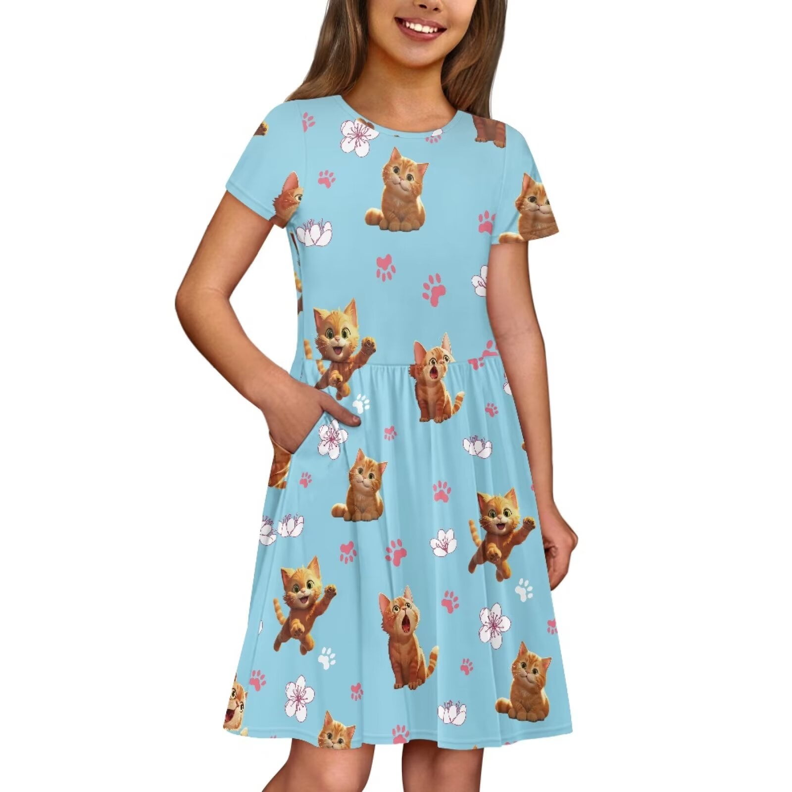Uourmeti Cats Short Sleeve Swing Dress for Teen Girls Summer Cute Crewneck Knee Length Dresses Lightweight Soft Wedding Party Dress with Pockets