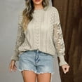 thumbnail image 4 of Casual Sweaters Womens Lace Patchwork Long Puff Sleeve Round Neck Mesh Hollow Out Knitted Tops Solid Pullover Shirts, 4 of 5