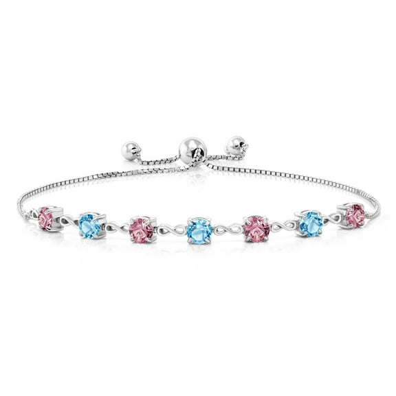Gem Stone King 2.94 Cttw Pink Lab Grown Diamond and Swiss Blue Topaz Infinity Links Bracelet for Women | 925 Sterling Silver | Round 4.5MM | Adjustable Bolo Bracelet for Women | Easy-On Easy-Off