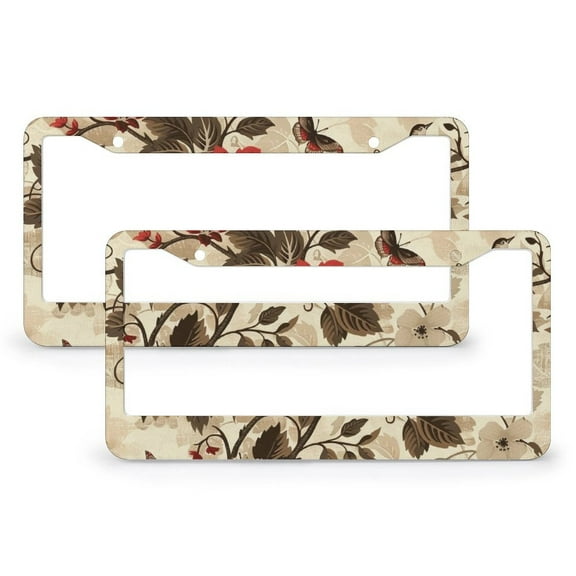 Floral Seamless Pattern Flowers, Birds, Butterfly License Plate Frame 2 Pcs Set Vintage Colorful Floral Bird Botanical Auto Car Accessories Tag for Us Standard Vehicles Aluminum License Plate Cover