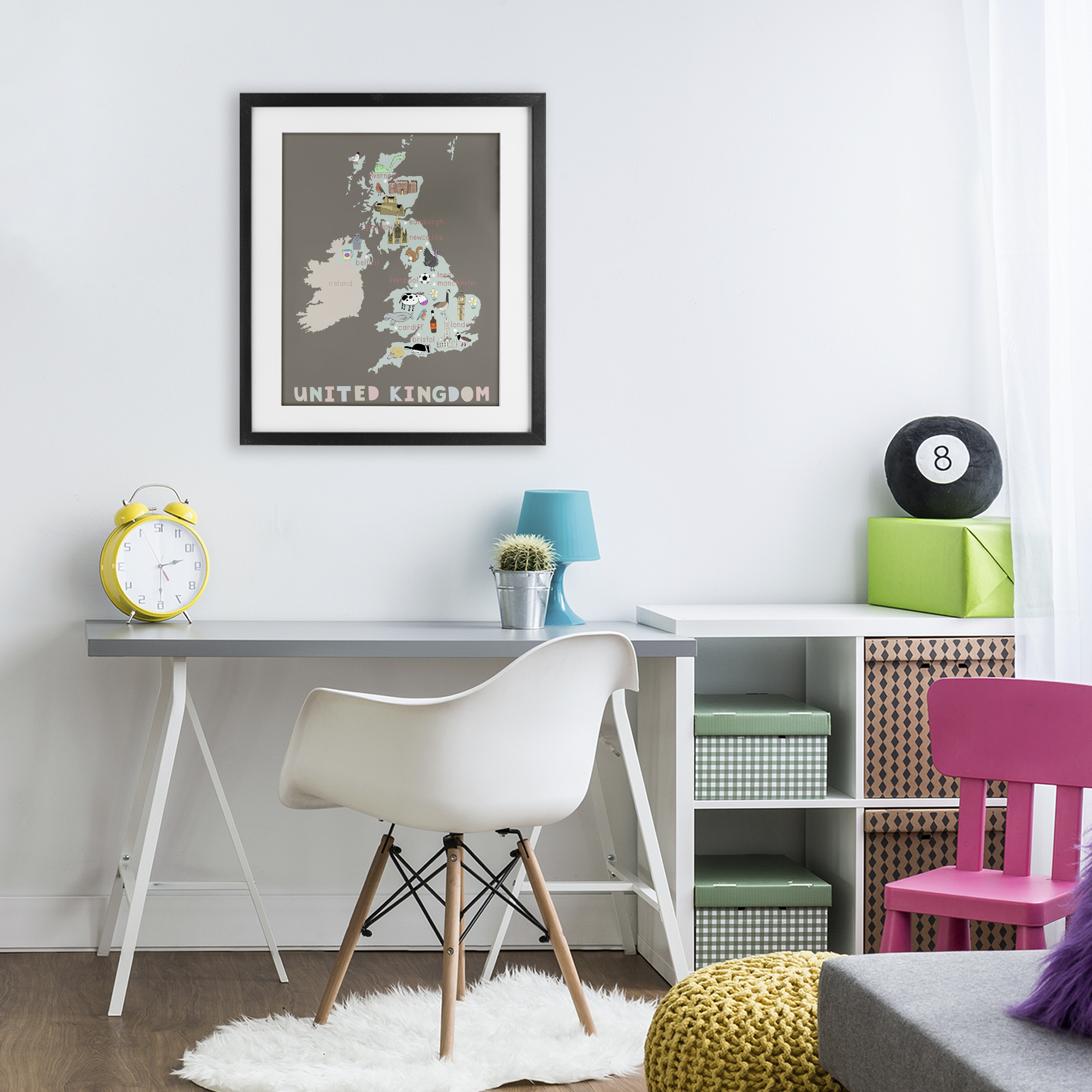 Kid's Map of United Kingdom Black Framed Print Under Glass, design by Carla Daly