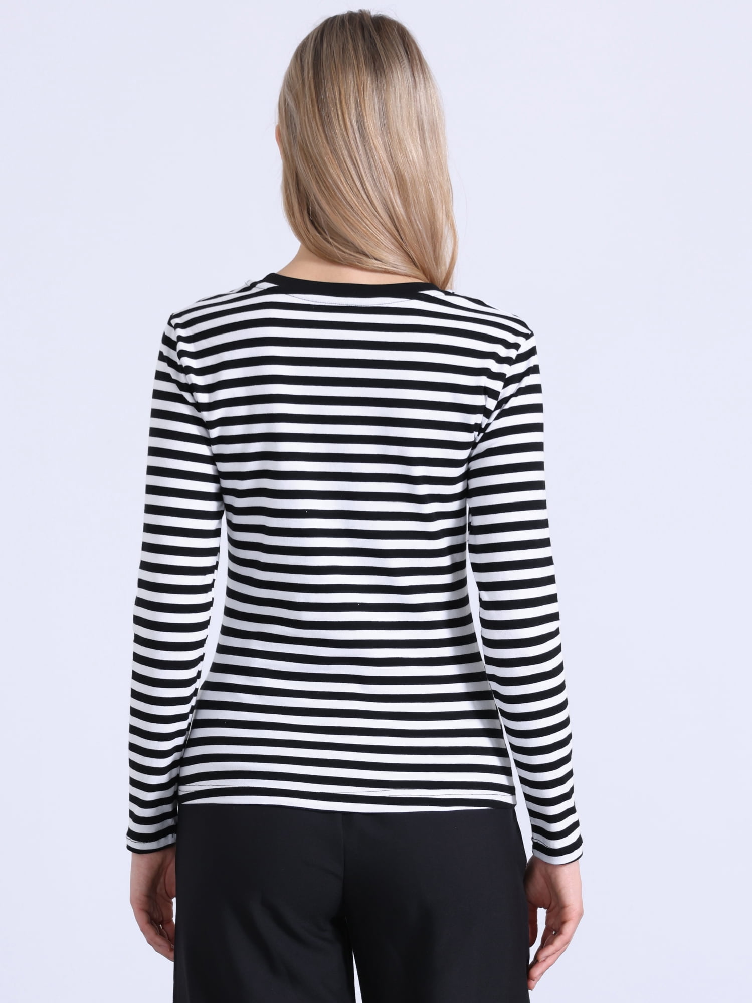 DARING DIVA Women's Striped Long Sleeve Cotton Crew Neck Fitted Tees L Black White Stripe