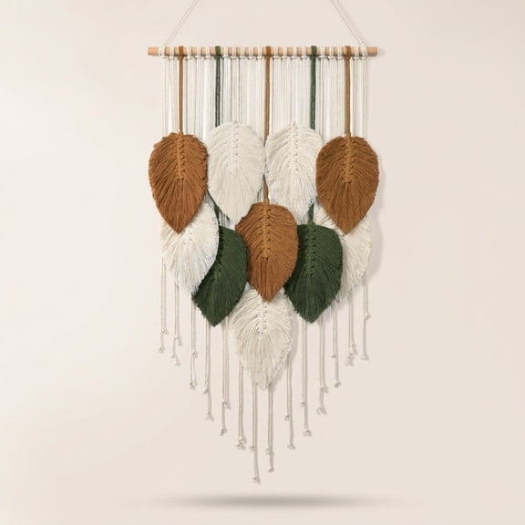 Macrame Woven Leaf Tapestry, 16.5"W x 29.5"L, Boho Chic Wall Decor