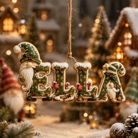 Personalized Christmas Name Ornament With Festive Gnomes