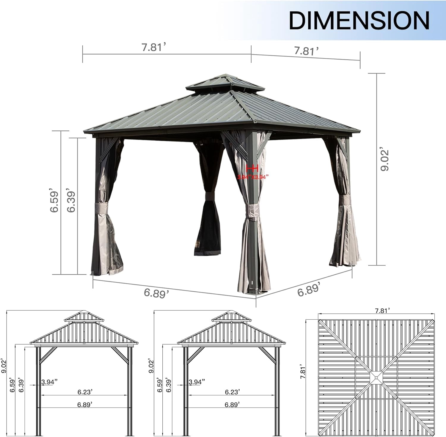 Domi 8’ X 8’ Hardtop Gazebo Canopy with Netting & Curtains, Outdoor Aluminum Gazebo with Galvanized Steel Double Roof for Patio Lawn and Garden, Gray