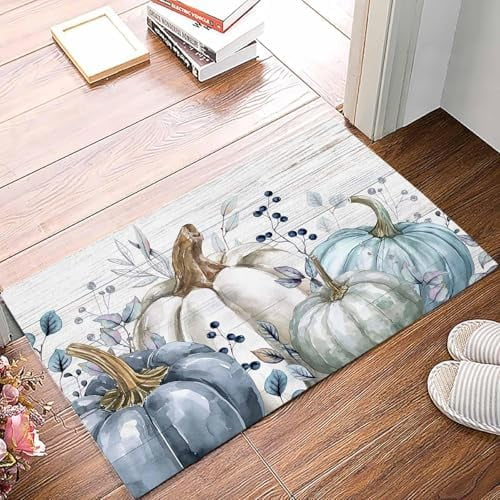 Doormat Indoor Home Decor Door Mat Blue White Pumpkins Fall Floor Rugs for Kitchen Bathroom Vintage Maple Leaf Thanksgiving Funny Welcome Mat 16x24 Inch.