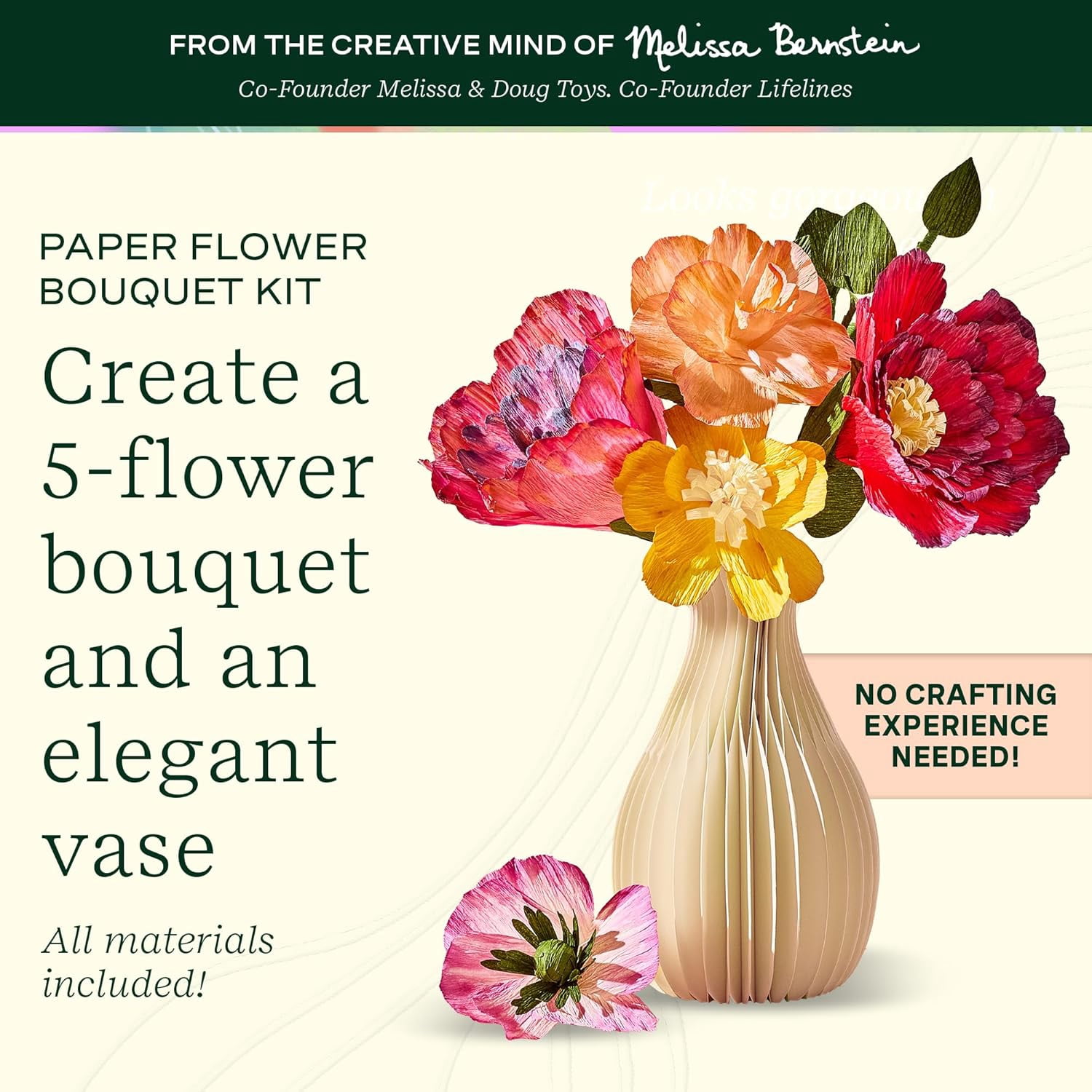 Lifelines FlowCrafts Paper Flower Bouquet Sensory Craft Kit for Teens & Adults, 5-Flower Bouquet with 80+ Petals, 2 Leafy Sprigs & Elegant Vase