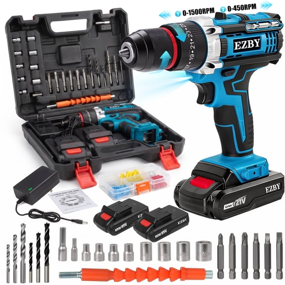 EZBY 21V Cordless Drill Set,Electric Power Drill Driver with 2 Batteries and Screw Kit,3/8" Metal Keyless Chuck,2 Variable Speed,Assorted Screw Kit and 25 Accessories for Home Repair & DIY