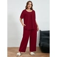 thumbnail image 6 of SHOWMALL Women's Plus Size Loungewear Pajama Set, Burgundy 3X Short Sleeve Pleated Top & Long Pants with Pockets, Soft Double-Brushed 2 Piece Sleepwear, 6 of 8
