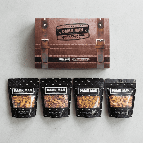 Damn, Man Gourmet Nut Snack Box Salted Cashews Coconut Curry Peanuts 4 Bags 1 lb Total