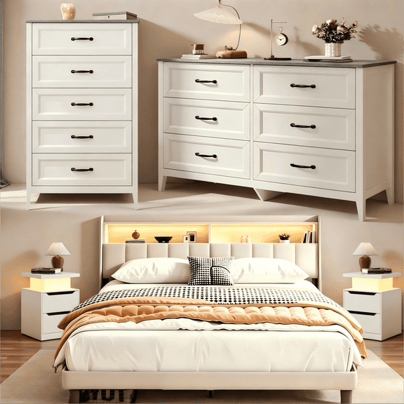 Lofka Bedroom Furniture Set – Queen Bed Frame, 2 Nightstands with Charging & RGB Lights, 5-Drawer Dresser & 6-Drawer Dresser for Large Bedrooms