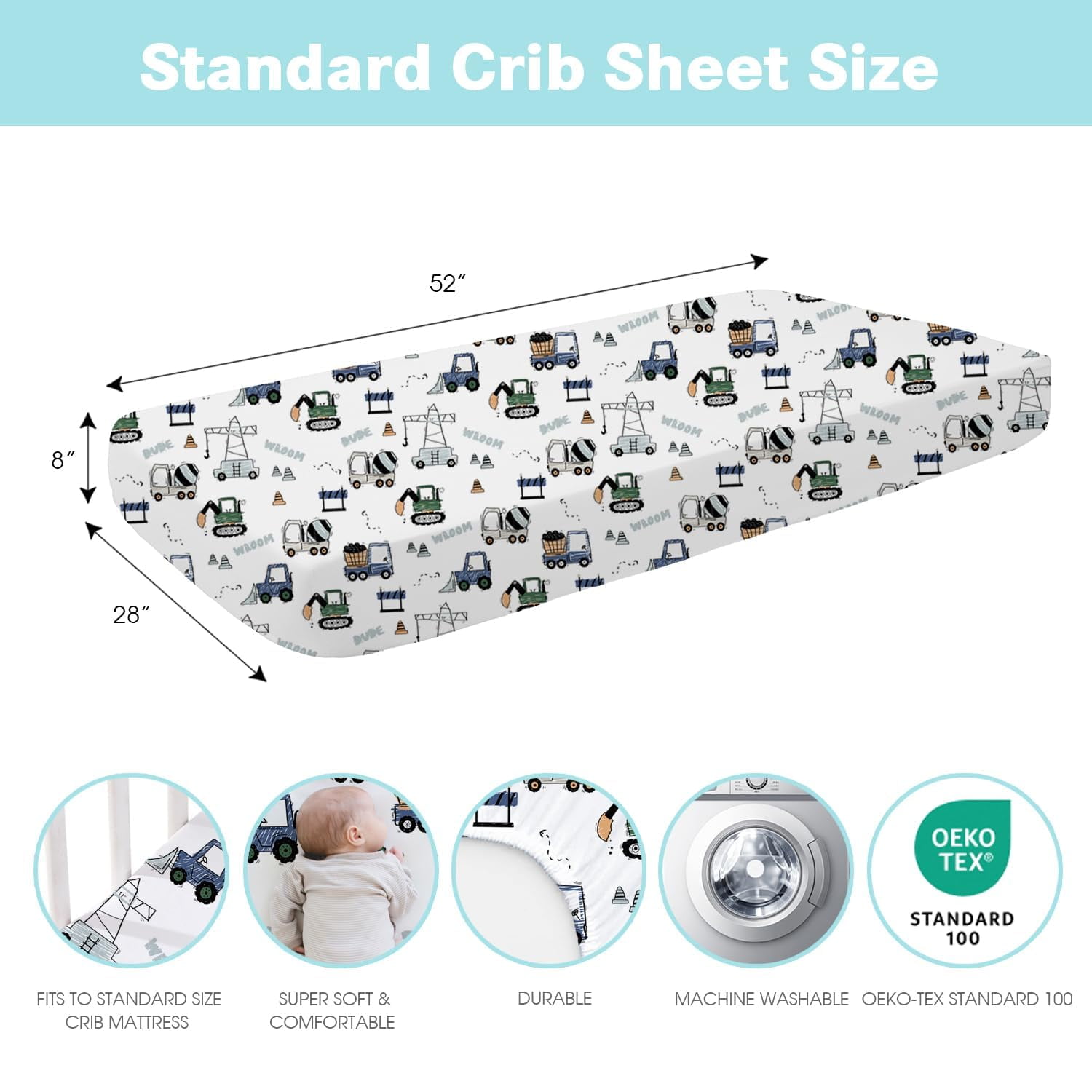 Little Grape Land Crib Sheets for Baby Boys 4 Pack, 28"x 52" Extra Soft Microfiber Crib Sheet Set for Standard Crib & Toddler Mattress Pad, Whale & Truck & Little Bear & Navy Blue