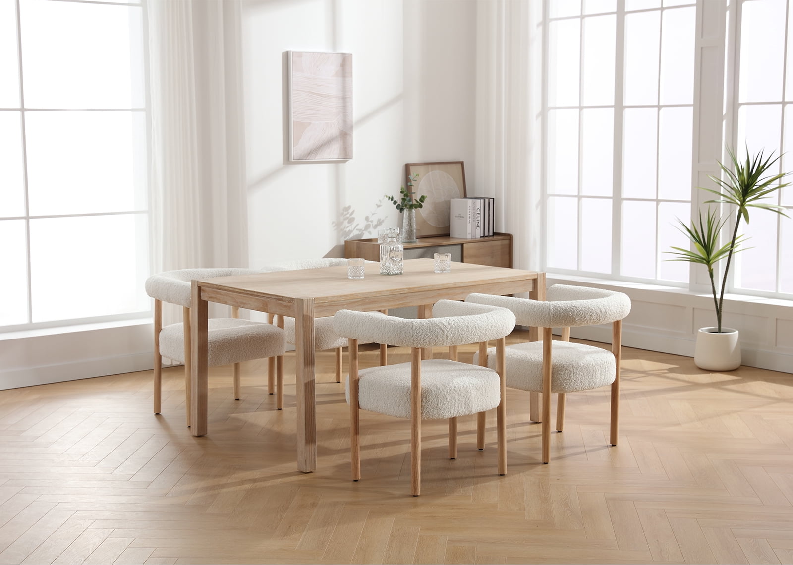 Guyou Modern Barrel Dining Chairs Set of 2, Mid-Century Farmhouse Kitchen Chairs with Curved Back, Wooden Sherpa Upholstered Dining Side Chairs for Dining Room Living Room Kitchen, White