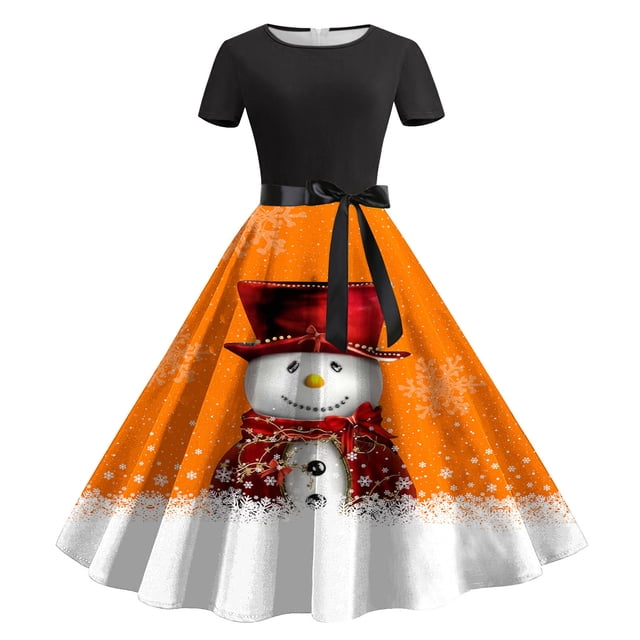 Pisexur Robe Mi-Mollet à Manches Courtes et Col Rond Mode Décontractée pour Femmes Imprimé Floral Robe à Manches Courtes et Col Rond Longueur Genou Robe pour Femmes en Liquidation