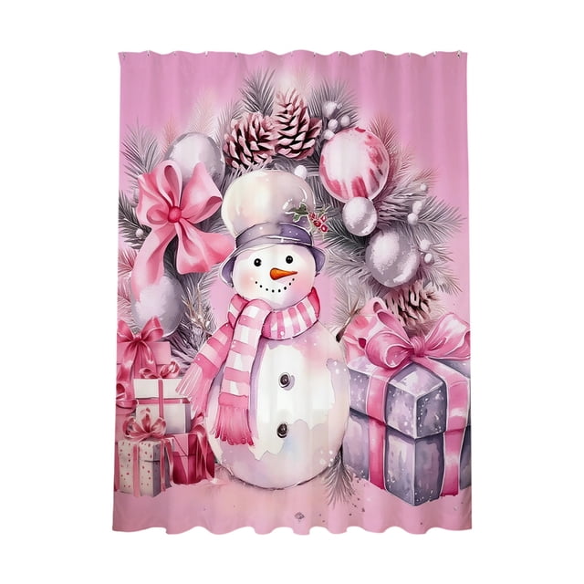 Rideau de Douche Bonhomme de Neige de Noël 70.86X59.05 Pouces Imperméable Décoration de Salle de Bain avec Boules Rouges Argentées Branches de Pin Baies