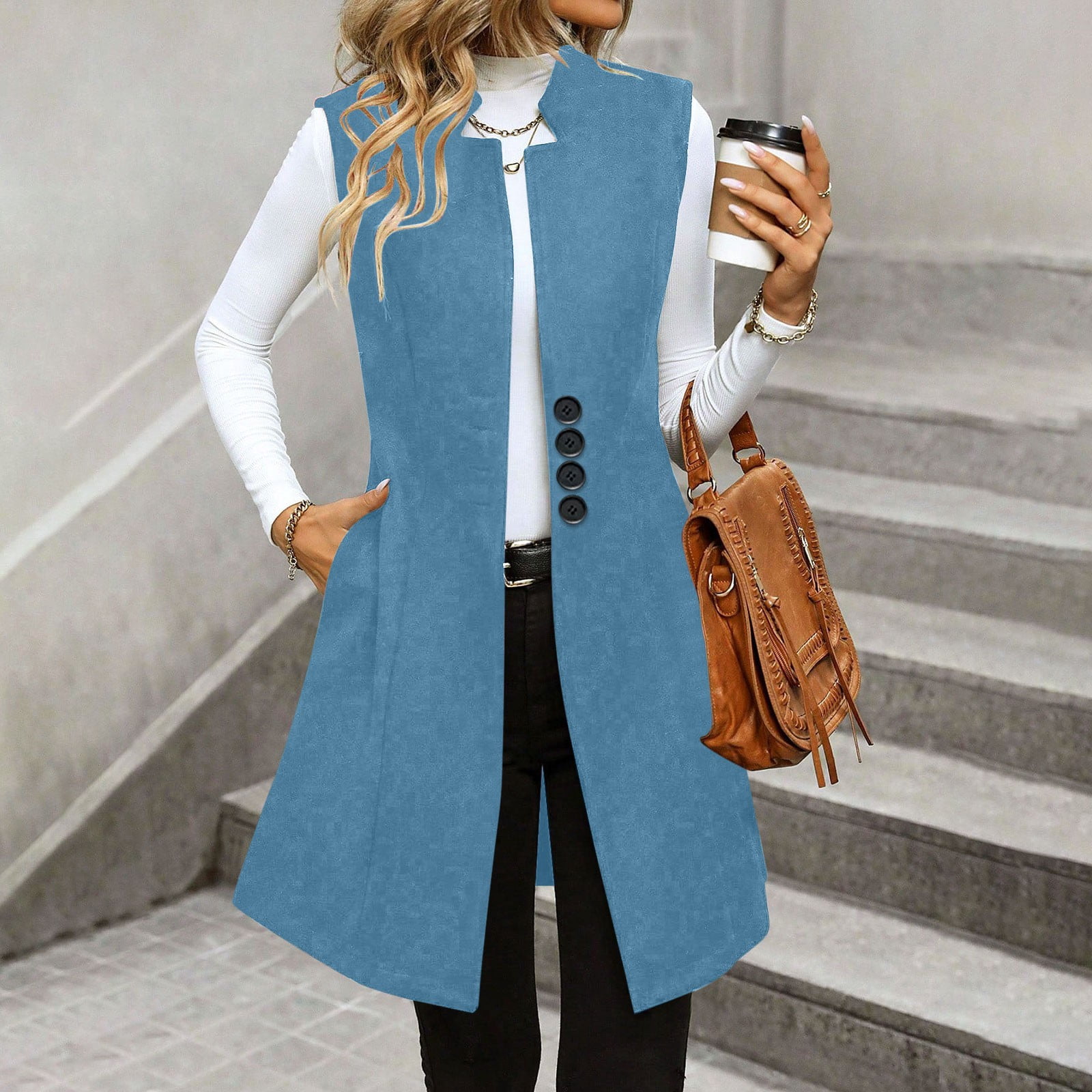 Long Waistcoat Women Fall Winter Sleeveless Vests Suit Elegant Cardigan Blazer Waistcoat with Pockets Warm Clothes for Lady Winter Blue S