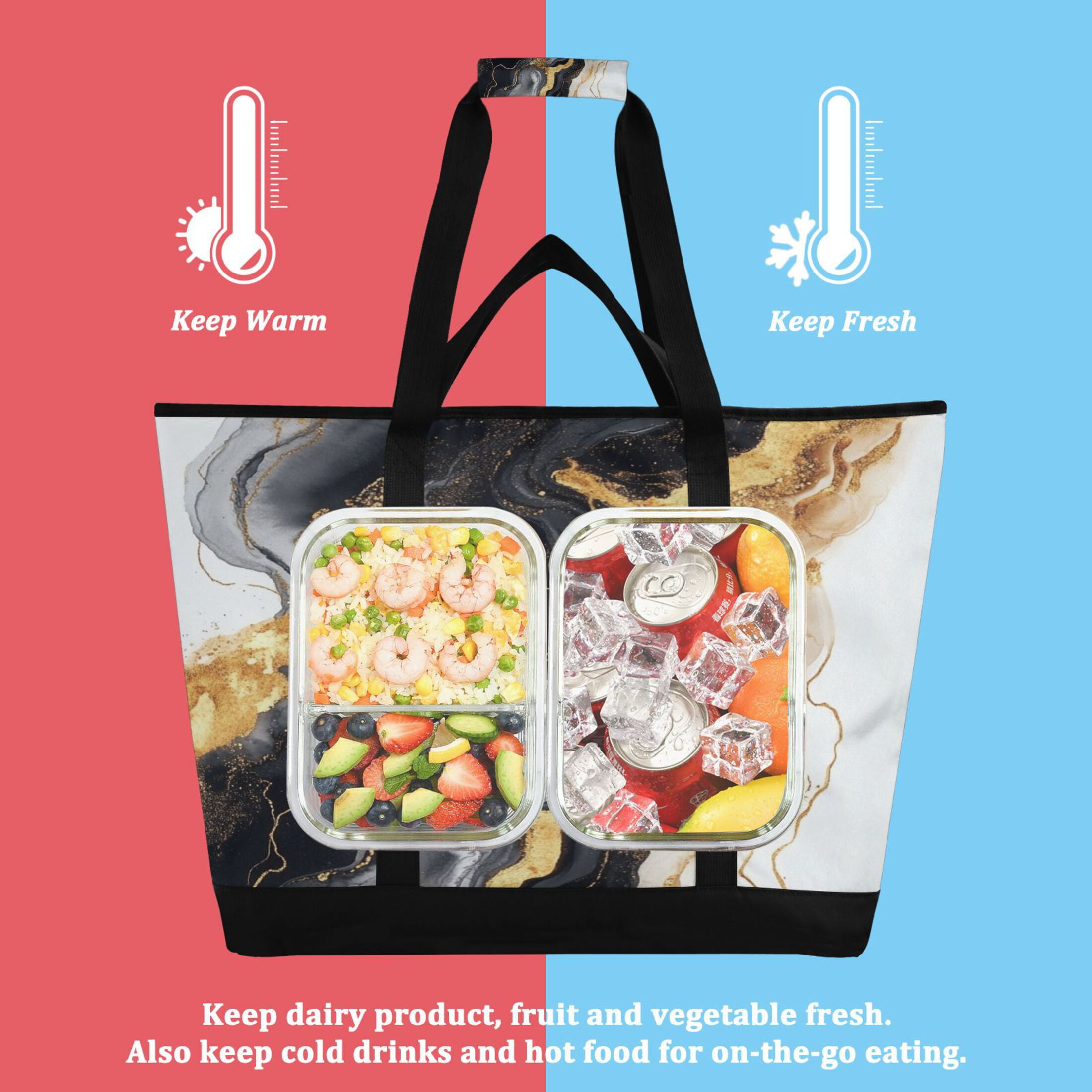 Large Hand-held Ice Pack Picnic Bag Insulation and Refrigeration Suitable for Shopping Picnics and Camping Black Marble