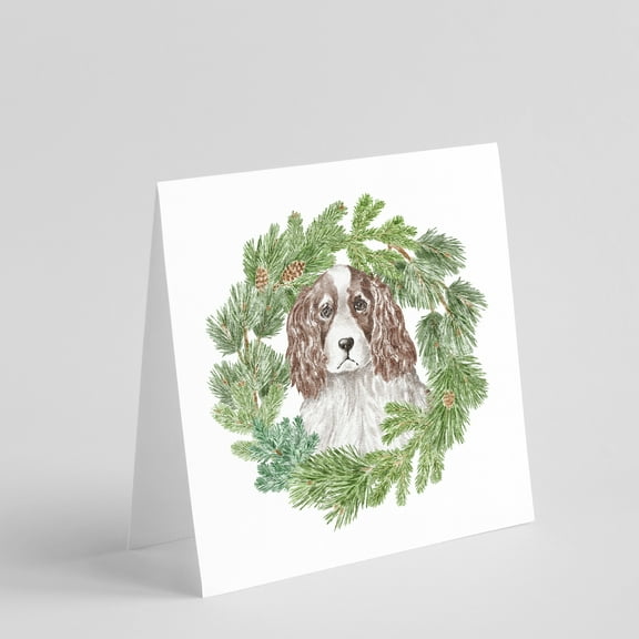 English Springer Spaniel Red and White with Christmas Wreath Square Greeting Cards and Envelopes Pack of 8 5 in x 5 in