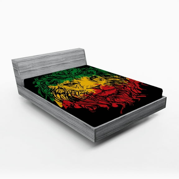 Ambesonne Rasta Fitted Sheet, Grunge Lion Head Portrait, Queen Size, Pale Green and Yellow