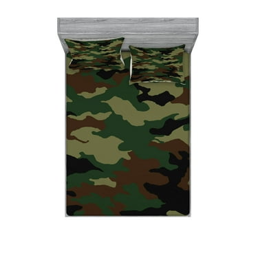 Ambesonne Camo Fitted Sheet & Pillow Sham Set, Uniform Inspired Fashion, Queen, Green Brown Forest Green