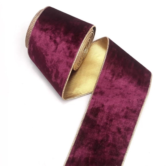 Velvet Wired Edge Ribbon, 3.9in x 10Yd Gold Lining Fabric Ribbon, for DIY Bows, Gift Wrapping, Wreath & Xmas Ornament Decoration