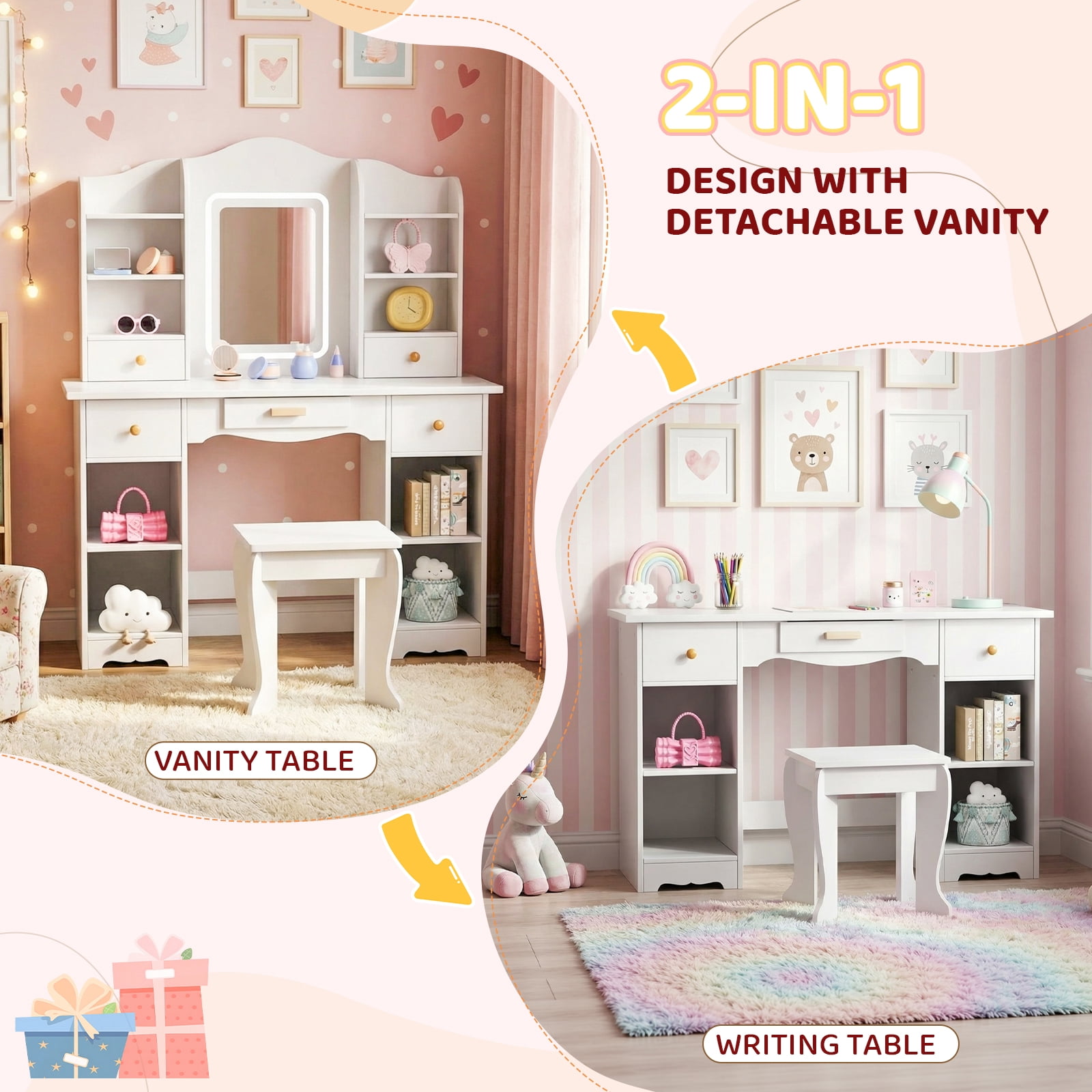 Pirecart 2 in 1 Kids Vanity Set, Pretend Play Makeup Desk with Mirror＆ Drawer, 3 Color Lights, Large Storage, Detachable shelf, White