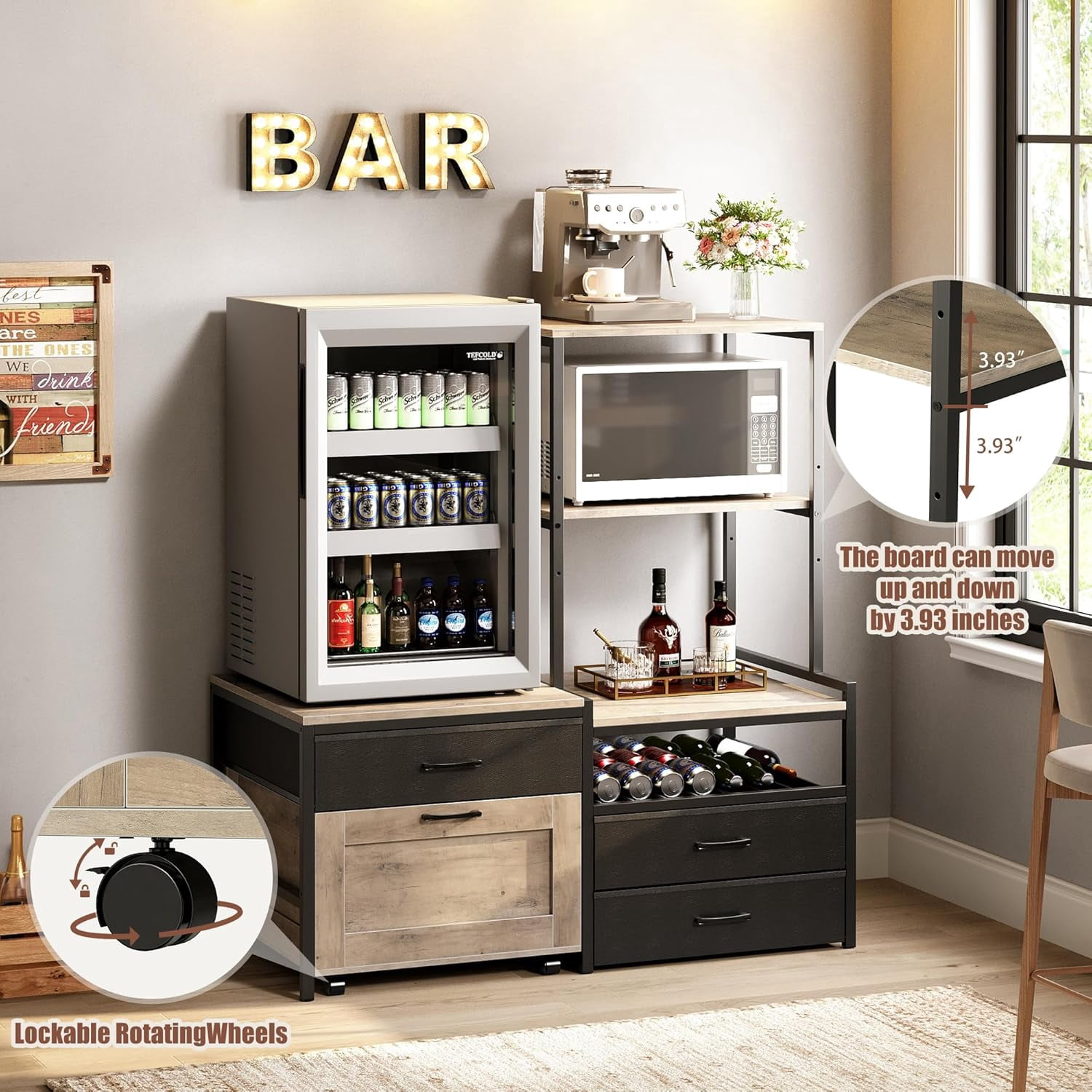 Herture Mini Fridge Stand with Wine Rack, Kitchen Bakers Rack with Power Outlet, Microwave Oven Stand, Coffee Bar, Movable Drawers, for Dorm,Office, Grey HB04BXZ