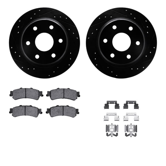 Dynamic Friction Company Rear Brake Rotors-Drilled and Slotted-Black with Heavy Duty Brake Pads includes Hardware 8212-48009