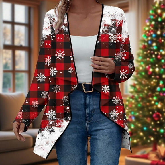 Antqov Womens Cardigan, Christmas Print Open Front Cardigans with Notched Lapel, Daily Trendy Relaxed Lightweight Comfy Casual Cardigan Jackets