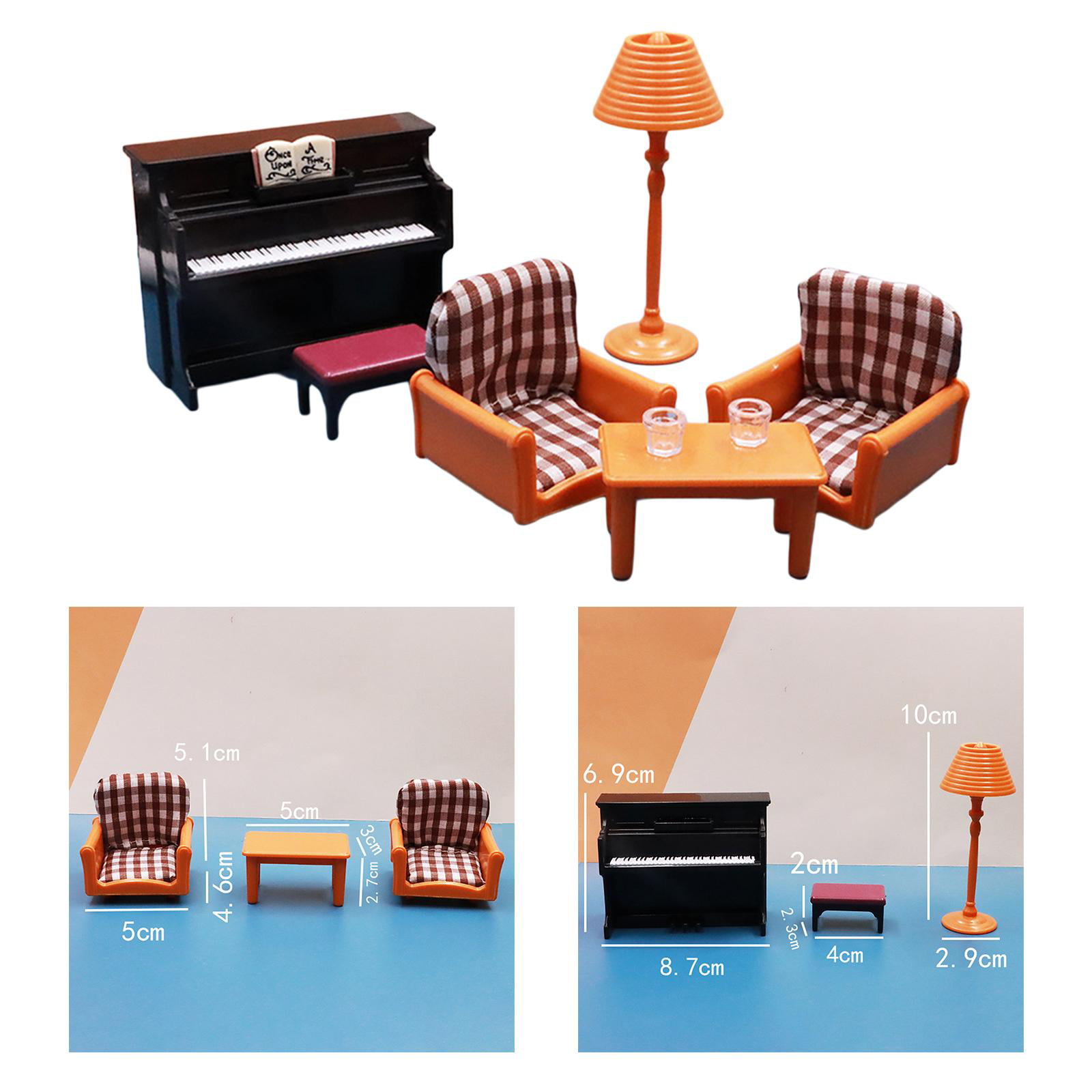 Miniature Living Room Furniture Retro Table Sofa Piano Lamp 1:12 Dollhouse 