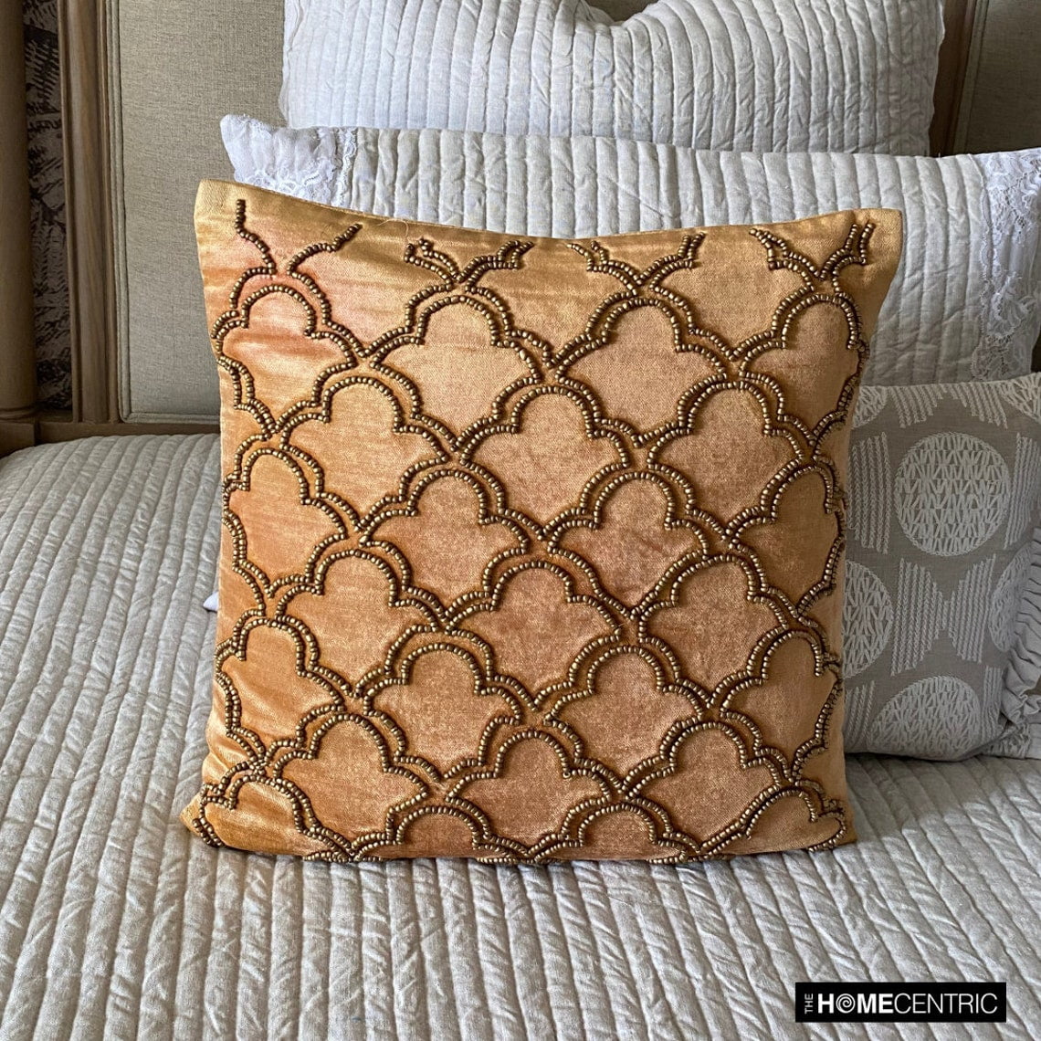 The HomeCentric Gold Cushion Covers, Gold Beaded Lattice Trellis Turkish Pillows Cover, Pack of 2, 14x14 inch (35x35 cm) Pillow Case, Square Velvet Throw Pillows Cover, Geometric Art - Gold Jewel
