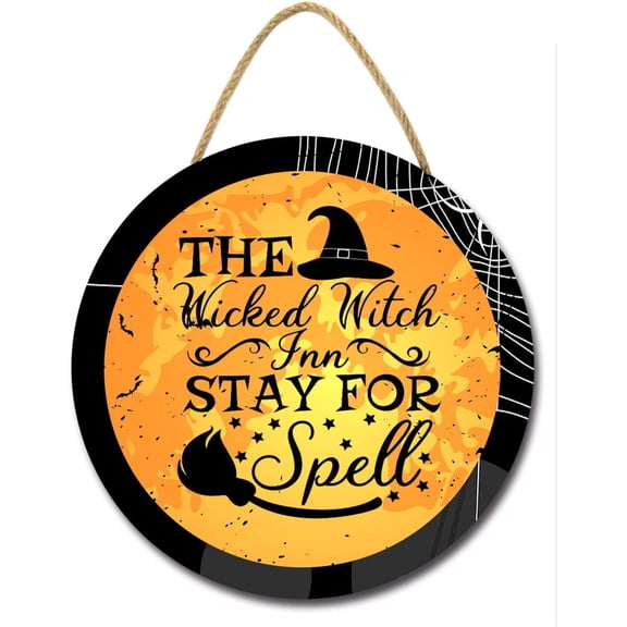 Eveokoki 11" The Wicked Witch Stay for Spell Please Halloween Sign for Front Door Round Wooden Hanging Wreaths for Home Wall Decor Halloween Day Home Decoration Outdoor Indoor