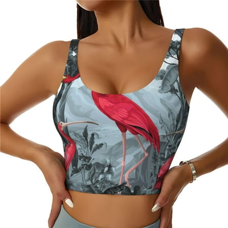 Adobk Flamingo On The Jungle Print Sports Bras for Women Longline Workout Crop Tank Tops Padded with Built in Shelf Padded Sports Bra-Medium