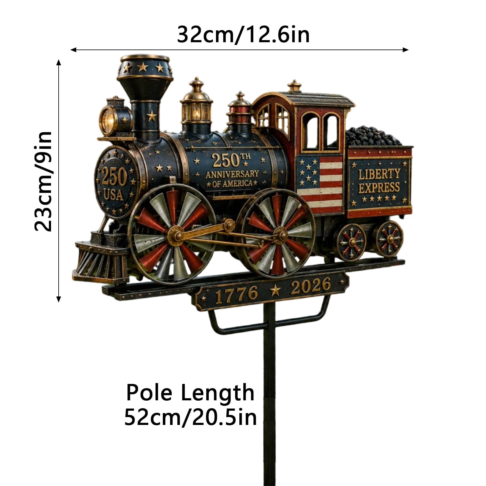 Eqslft 2D Liberty Express 250th Anniversary Train Yard Stake, Patriotic Metal Train Garden Decor, Anniversary Windmill Garden Outdoor Yard Art Metal Wind Sculpture Ornament
