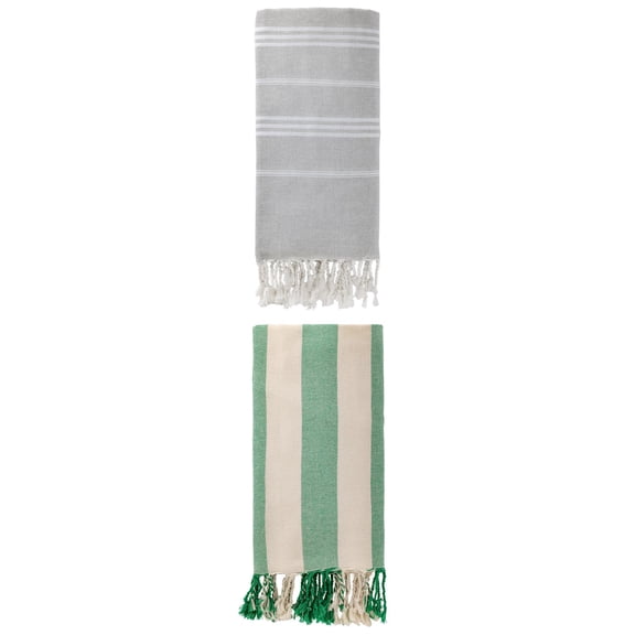 Unique Bargains 2 Pack Stripe Turkish Sand Proof Beach Towel Grey/Green 71"x 35"/71" x 40"
