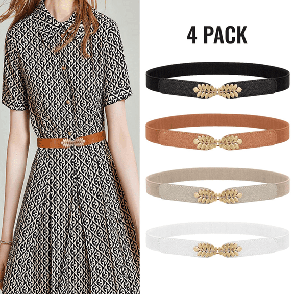 4 Pack Women Skinny Elastic Belt Ladies Fashion Leaf Alloy Buckle Stretchy Thin Waist Belt for Dresses