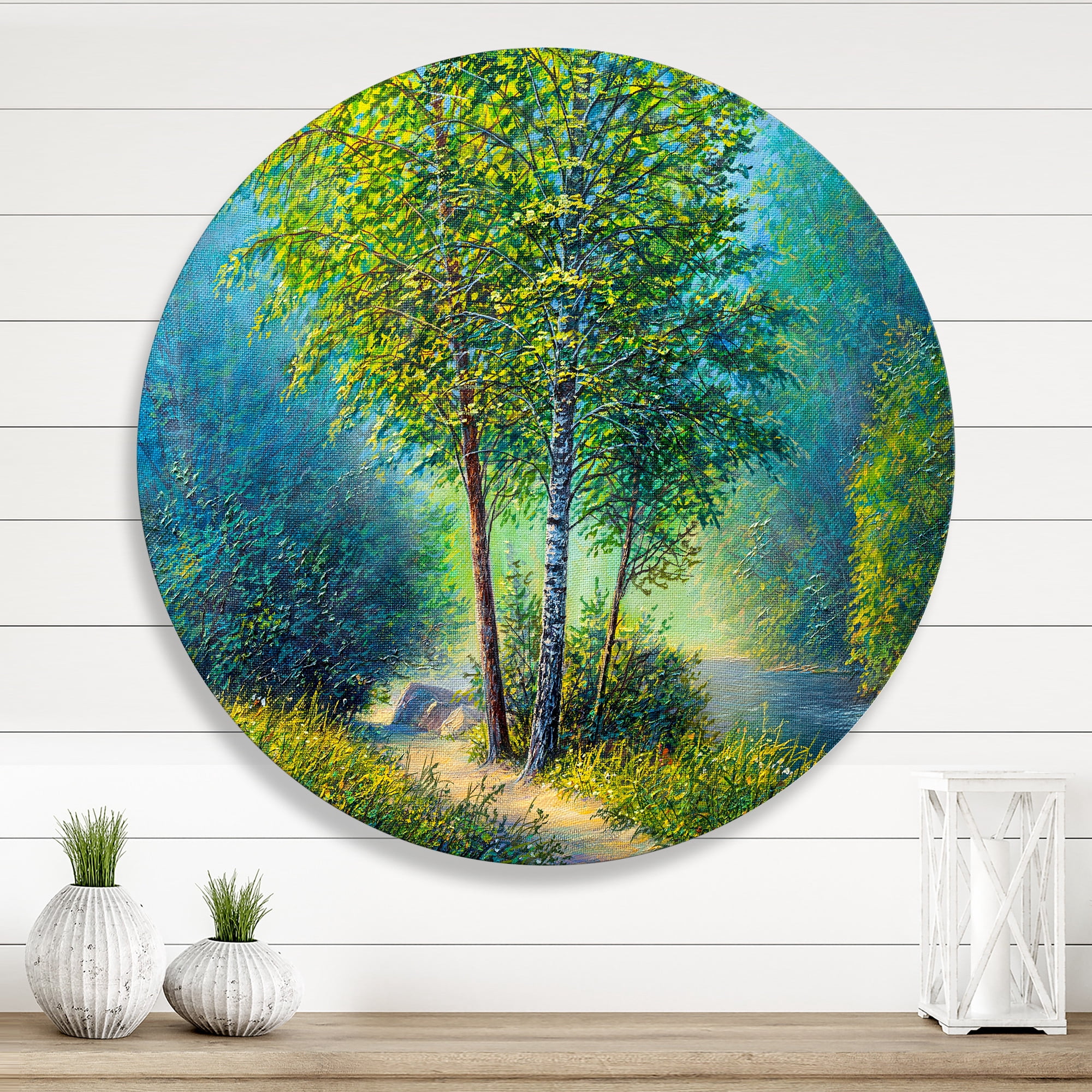 Designart 'Three Vibrant Green Trees By The River' Lake House Circle Metal Wall Art 23x23 - Disc of 23