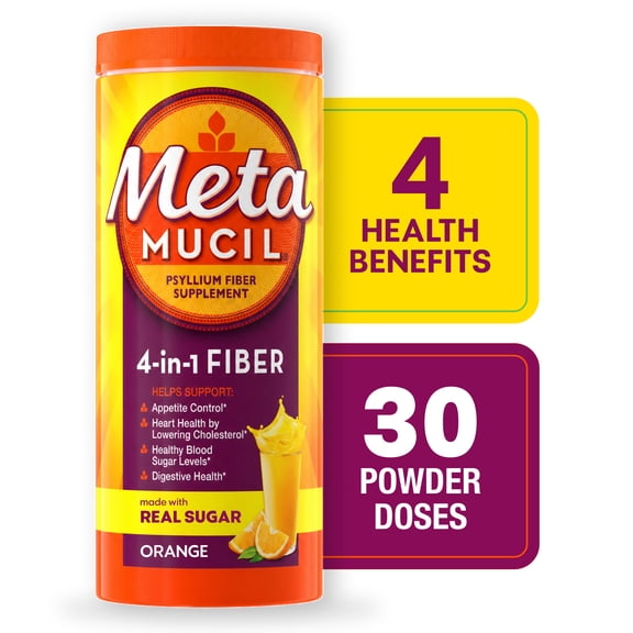 Metamucil Psyllium Fiber Powder, Real Sugar Orange, GLP-1 Friendly Fiber>, 30 Tbsp