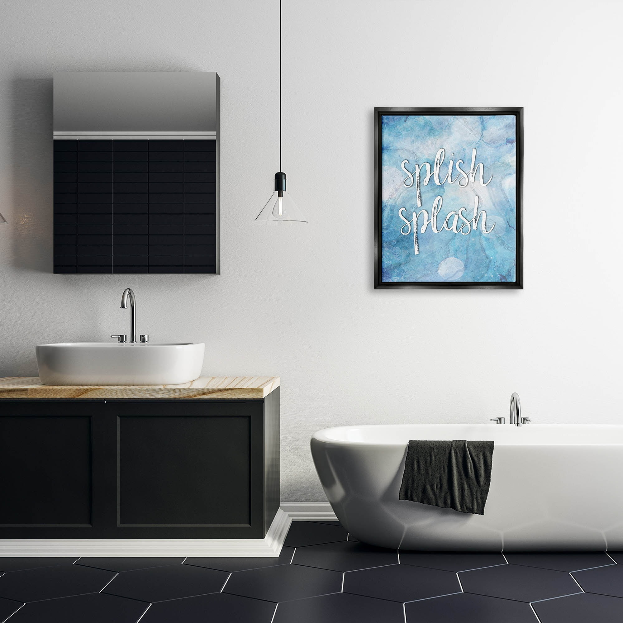 Stupell Industries Splish Splash Blue Bathroom Water Typography Painting Black Floater Framed Art Print Wall Art