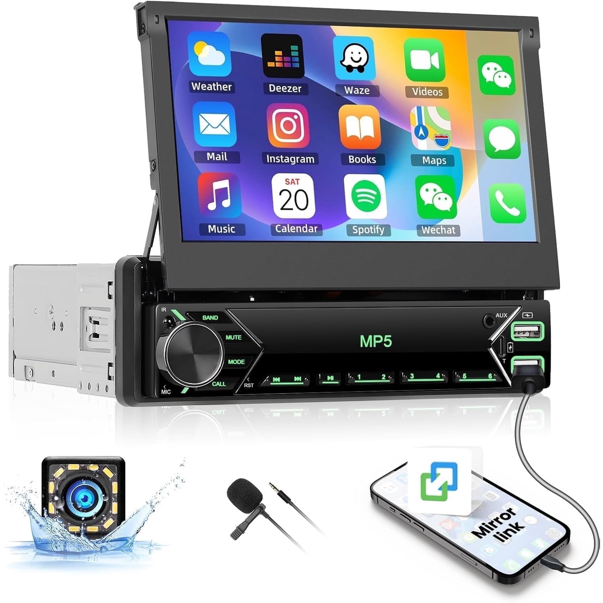 Pdofo Single Din Touchscreen Car Stereo 7 Inch Flip Out Touchscreen Bluetooth 1 Din Car Radio Receiver, TF/USB, FM Radio,Mirror Link,SWC,External Microphone+Rear Camera