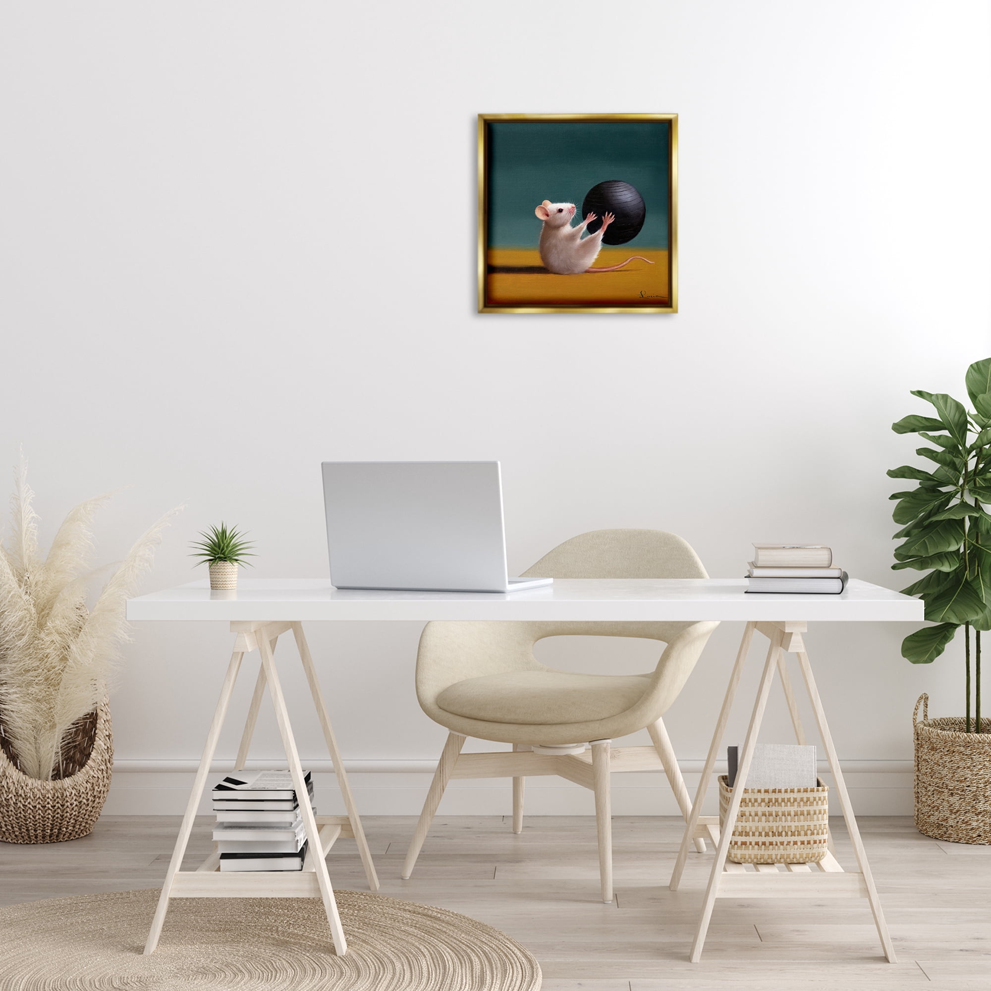 Stupell Industries Mouse with Exercise Ball Animals & Insects Painting Gold Floater Framed Canvas Art Print Wall Art, 18 x 18