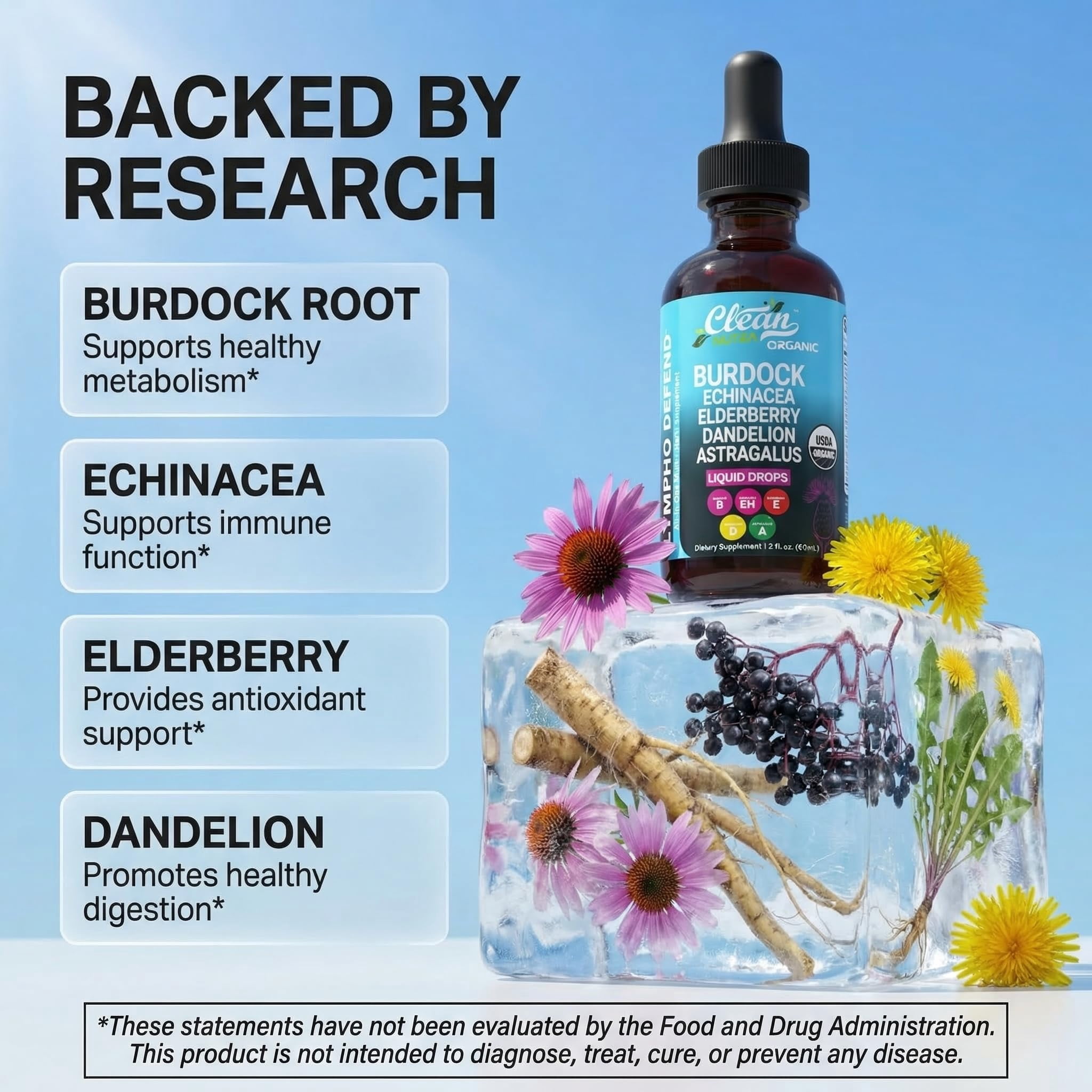 Organic Lymphatic Drainage Supplement | Lymphatic Support Drops | Burdock Root Echinacea Elderberry Dandelion Astragalus Milk Thistle Sea Moss Red Clover Cleanse Marigold Drop By Clean Nutra