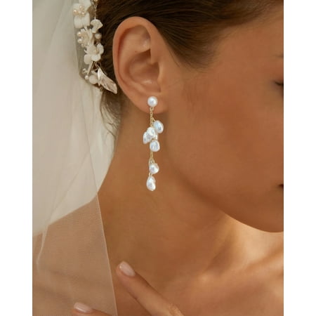 Yisun Yiway 2-in-1 Convertible Keshi Pearl Stud & Drop Earrings, 14K Gold Plated, for Bride & Wedding