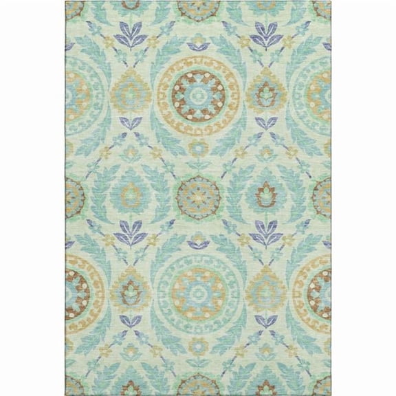 HomeRoots 663214 9 x 12 ft. Mint Green Blue & Beige Floral Washable Machine Made Rectangle Area Rug with UV Protection
