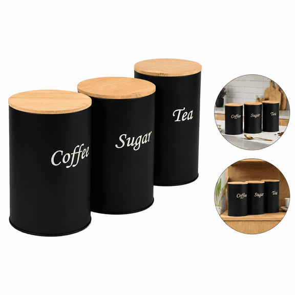 1qt Coffee Sugar Container Set, Coffee and Sugar Container Set, 3 Pcs Iron Coffee Storage Container with Bamboo Lid, Sealed Dry Food Sugar Coffee Container for Kitchen Countertop