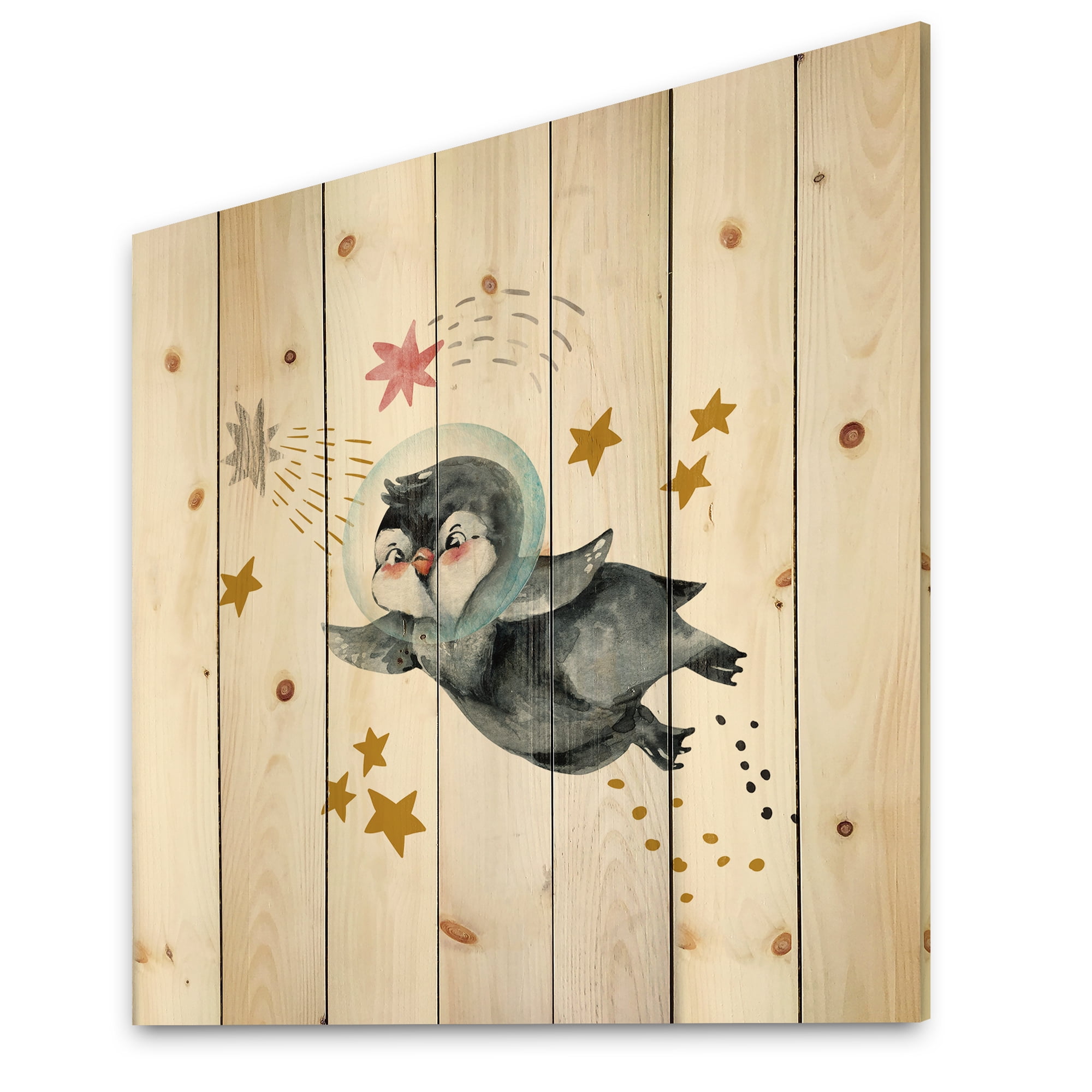 Designart 'Little Penguin Flying Planets and Stars I' Farmhouse Print on Natural Pine Wood