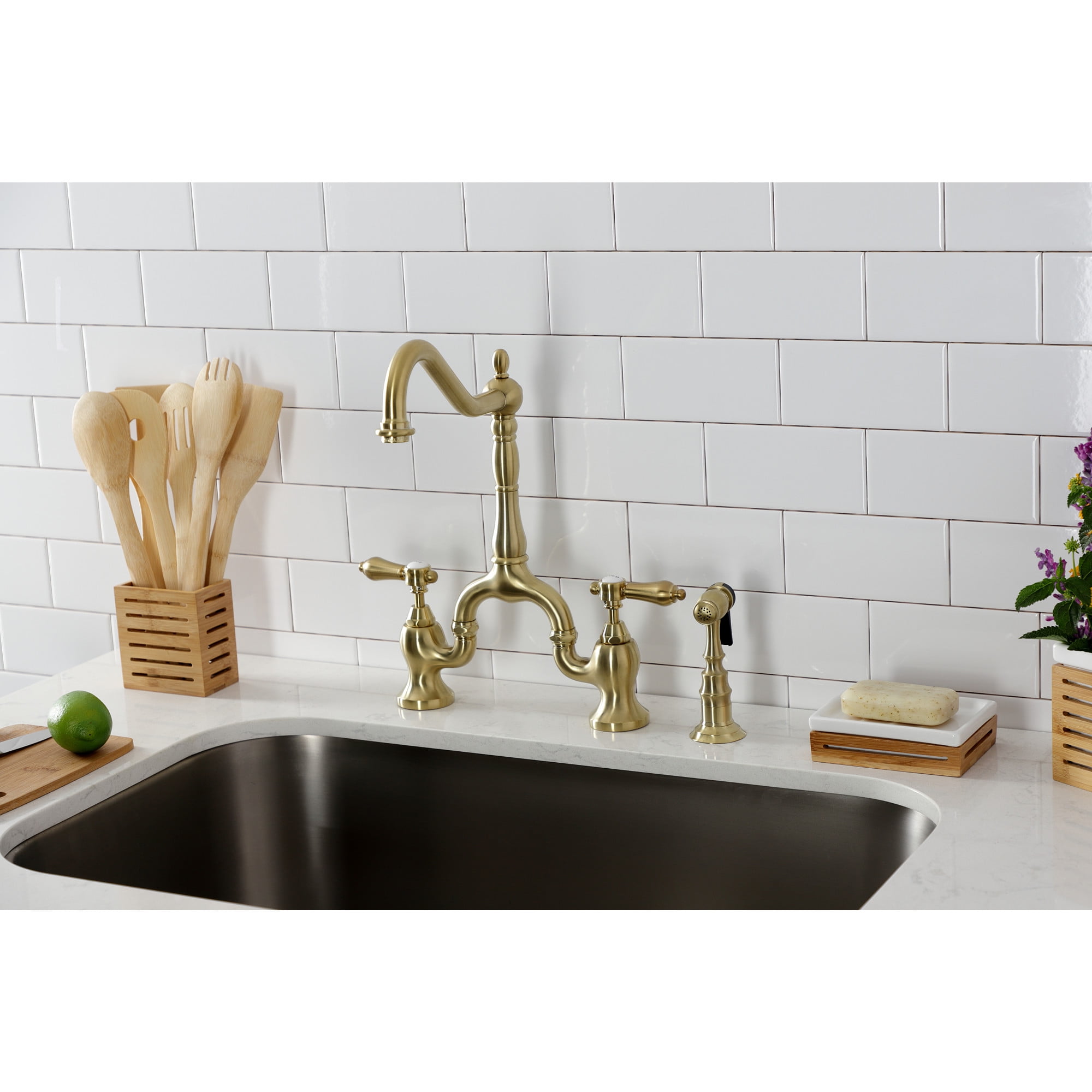 Kingston Brass KS7757BALBS Heirloom Two-Handle 3-Hole Deck Mount Bridge Kitchen Faucet with Brass Side Sprayer in Brushed Brass