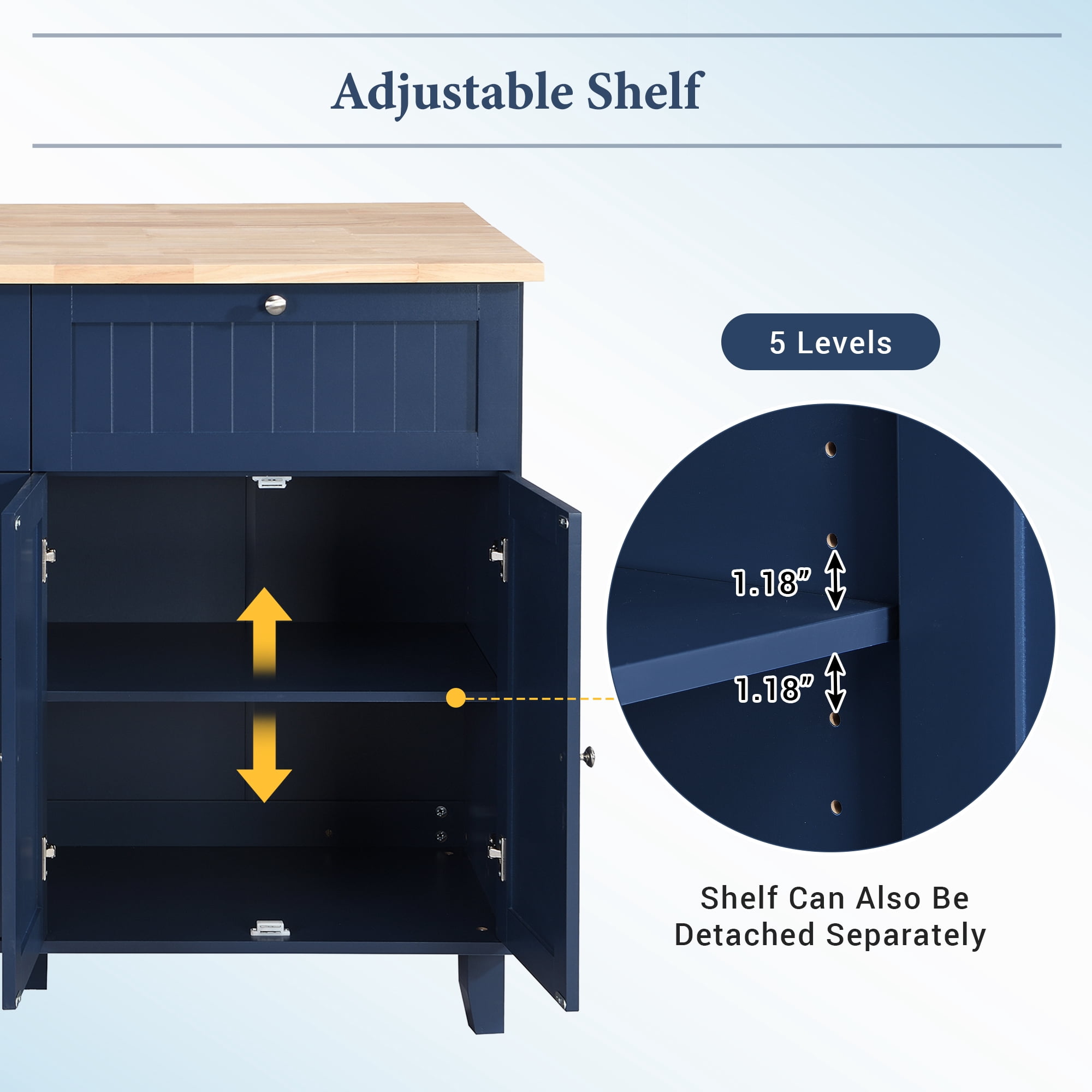 Yoneston Farmhouse Kitchen Island Set with 2 Stools, Dining Table Set with Drop Leaf, Storage Cabinet, Drawers and Towel Rack for Kitchen Dining Room, Blue